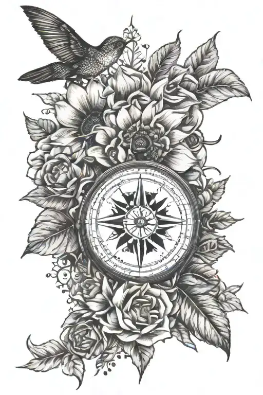 nautical compass, magnolia, sunflower, red rose, hummingbird  tattoo design idea
