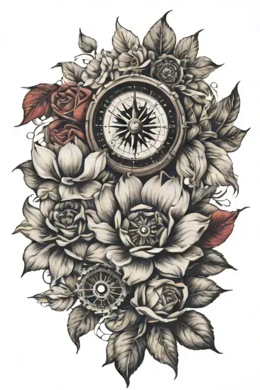 nautical compass, magnolia, sunflower, red rose, hummingbird  tattoo design idea