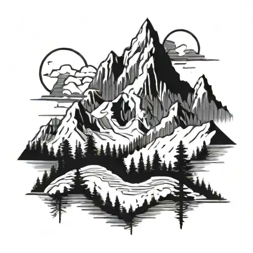 A minimalist outline of the Himalayas with a forest backdrop tattoo design idea