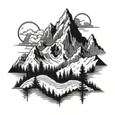 A minimalist outline of the Himalayas with a forest backdrop tattoo design idea