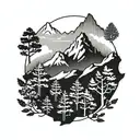A minimalist outline of the Himalayas with a forest backdrop tattoo design idea