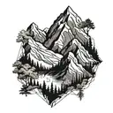 A minimalist outline of the Himalayas with a forest backdrop tattoo design idea