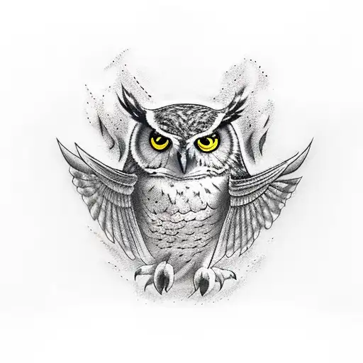 owl mid flight flaming tail leaving a burning book tattoo design idea