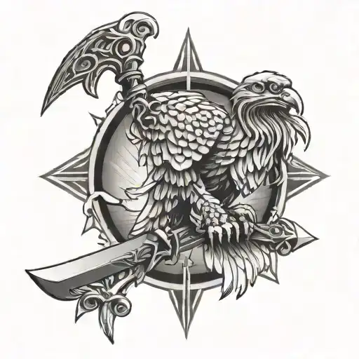 A powerful eagle holding a sword in its talons, symbolizing strength and protection, with a subtle Christian cross incorporated into the design tattoo design idea