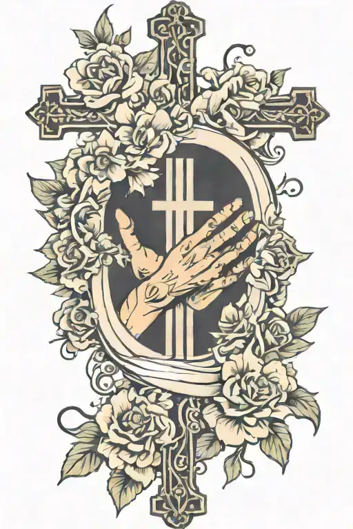 prayer hands cross rip flowers  tattoo design idea