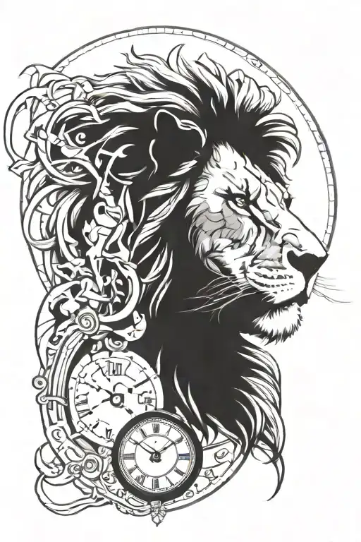 lion head with birth clock embedded tattoo design idea