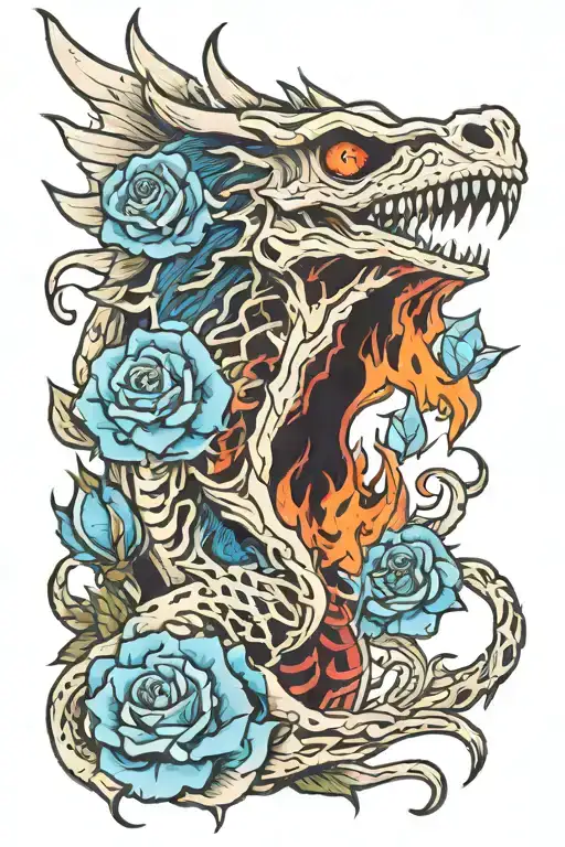 Skeleton dragon breathing fire with a blue rose tattoo design idea