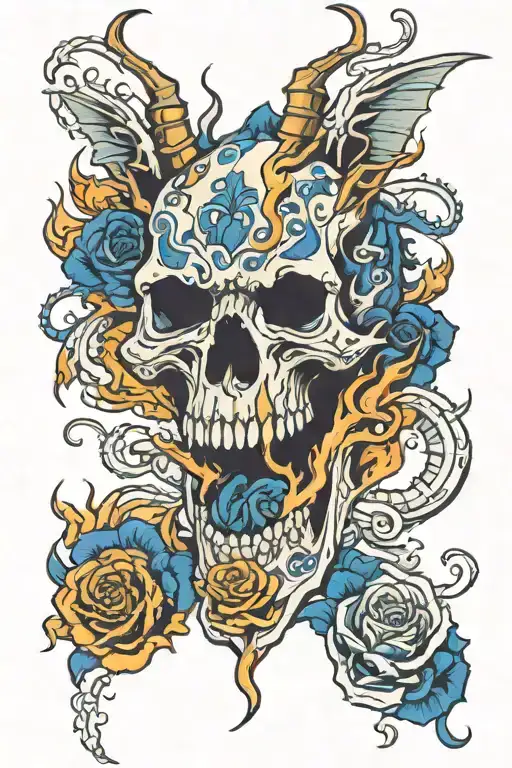 Skeleton dragon breathing fire with a dark blue rose tattoo design idea
