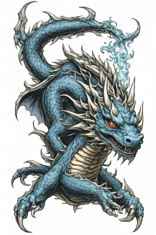Blue and black dragon breathing fire tattoo design idea