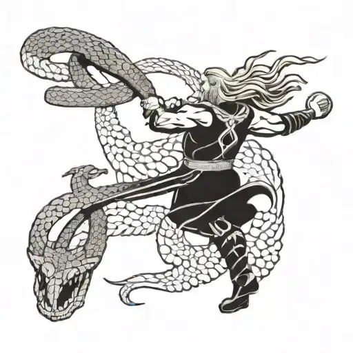 black and white tattoo of fighting Thor fighting the snake Jormungand with mjolmir on the background of the forest. The tattoo is supposed to be dark and tattoo design idea