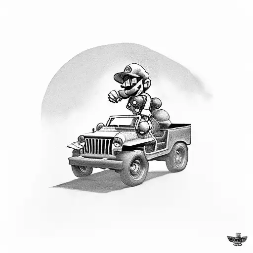super Mario in An 80 year old Wheelie jeep with Guns tattoo design idea
