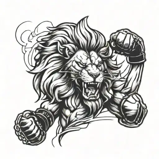 A fierce lion with boxing gloves on, flexing its muscles in a gym setting tattoo design idea