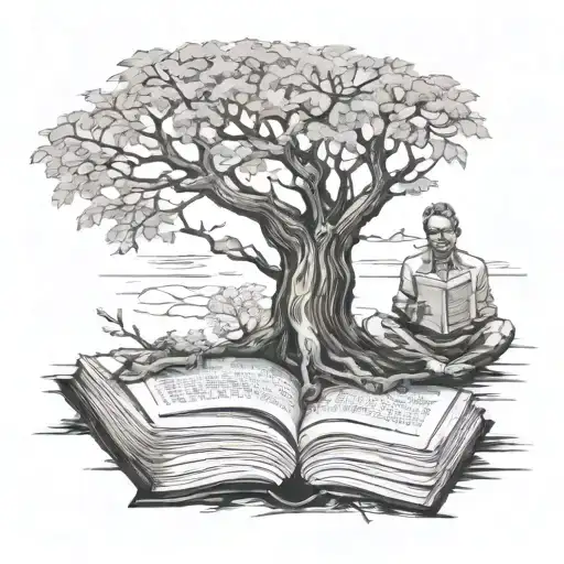 tree of knowledge saindk from an open book with man meditating on the trunk  tattoo design idea