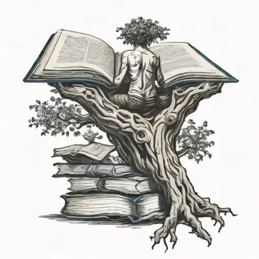 tree of knowledge with man meditating on the trunk and an open book tattoo design idea