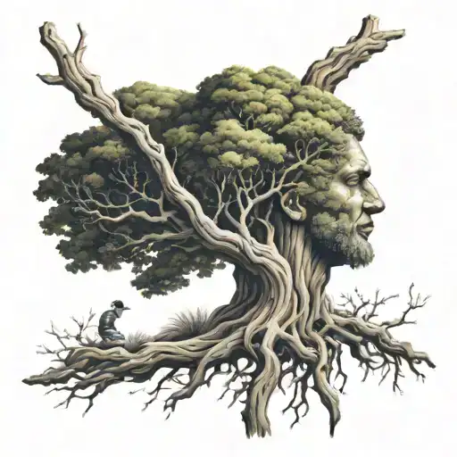 tree of knowledge with man meditating on the trunk tattoo design idea
