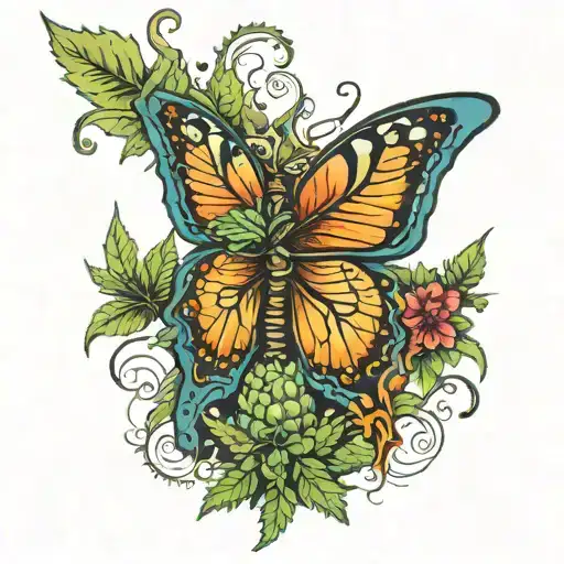 A tattoo of a marijuana leaf morphing into a butterfly, symbolizing growth and transformation tattoo design idea
