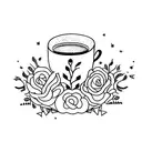A book with a dark romantic cover design, surrounded by coffee beans and a steaming cup of coffee tattoo design idea