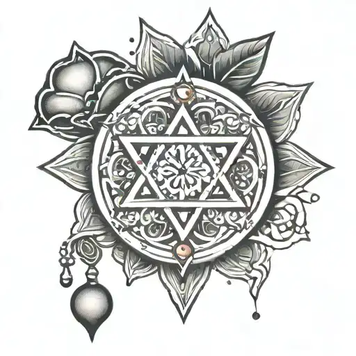 a pomegranate with a star of david beside it, with drippy jewellry style mandala  tattoo design idea