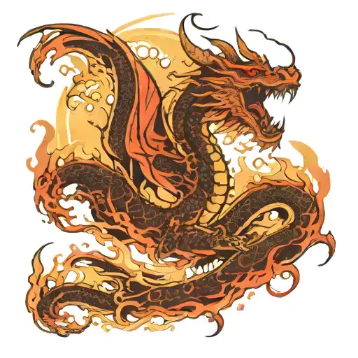 A dragon breathing fire in an urban landscape tattoo design idea