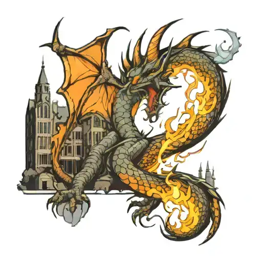 A dragon breathing fire in an urban landscape tattoo design idea