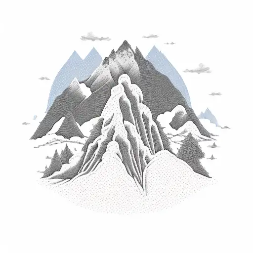 A majestic mountain range with a silhouette of a loyal dog standing proudly on top of one of the peaks, surrounded by lush forests. tattoo design idea
