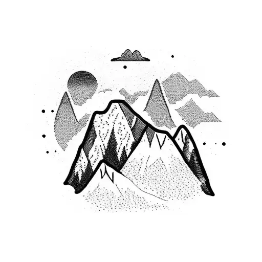A majestic mountain range with a silhouette of a loyal dog standing proudly on top of one of the peaks, surrounded by lush forests. tattoo design idea