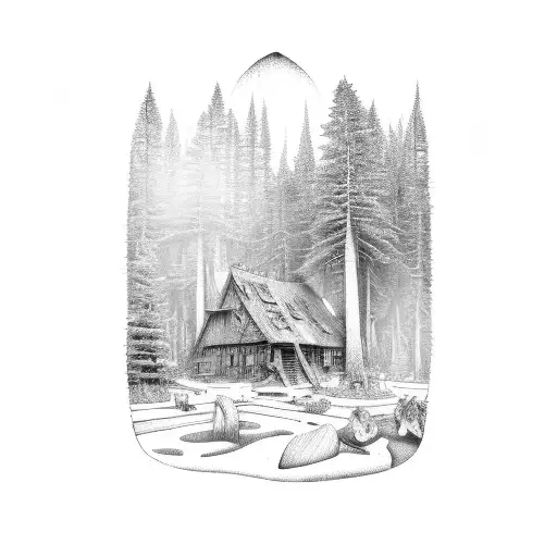 A detailed depiction of a carpenter's workshop nestled in the heart of a serene forest, with various woodworking tools scattered around and rays of sunlight streaming through the trees. tattoo design idea