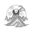A majestic mountain range with a silhouette of a loyal dog standing proudly on top of one of the peaks, surrounded by lush forests. tattoo design idea