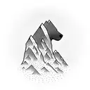 A majestic mountain range with a silhouette of a loyal dog standing proudly on top of one of the peaks, surrounded by lush forests. tattoo design idea
