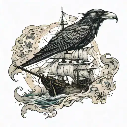 pirate ship sailing through stormy seas. a raven flying through a star speckled sky. a broken map and compass rose tattoo design idea