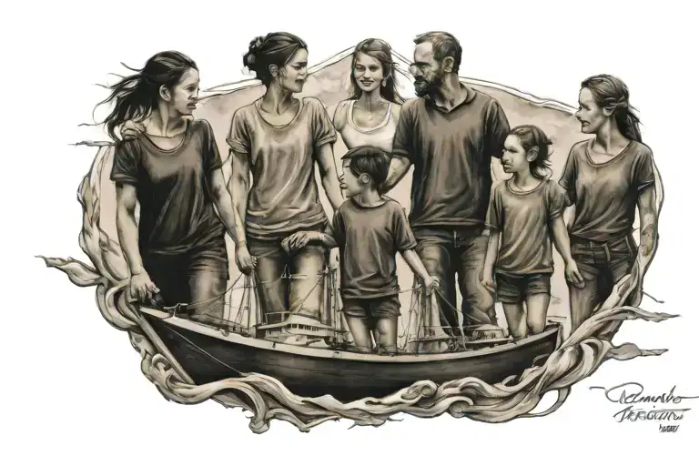 navigation ship with two daughters and a son holding hands tattoo design idea