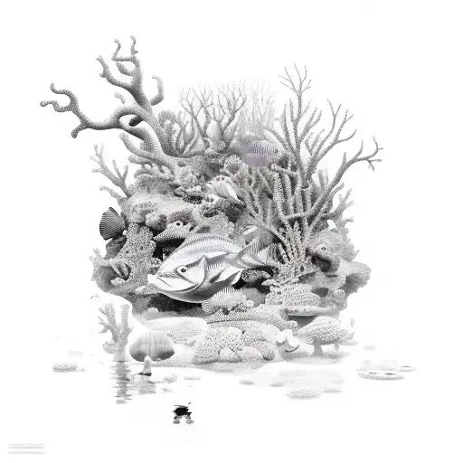 A surreal underwater scene with mythical creatures and coral reefs tattoo design idea