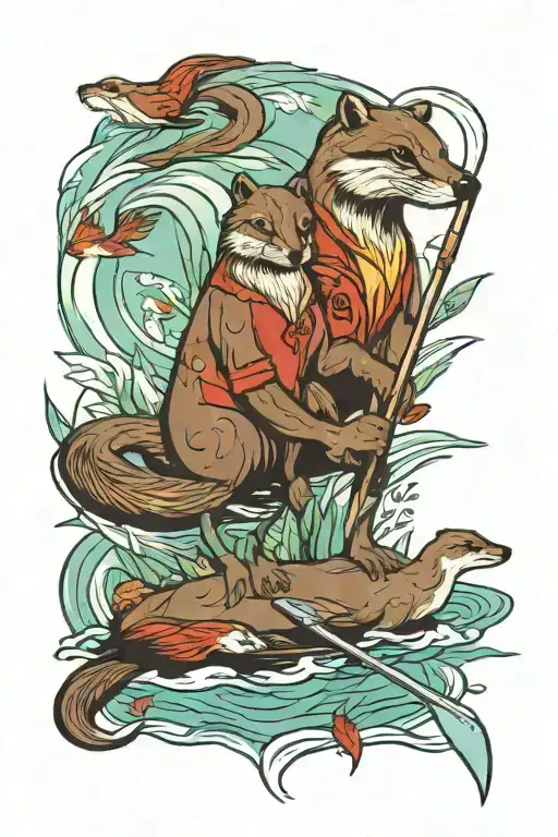 river flowing horses paddleboard otters cardinals tattoo design idea