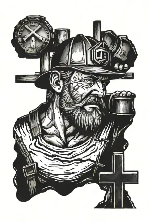 Coal Miner looking in mine with three crosses   tattoo design idea