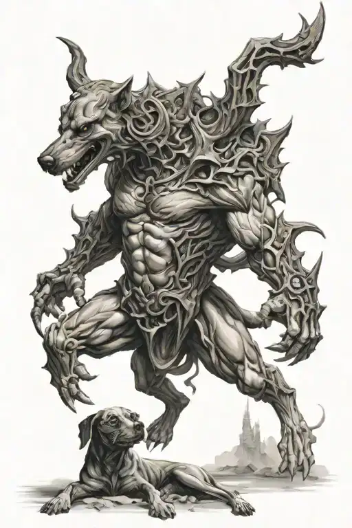 a man who beats people who come out of hell hound tattoo design idea