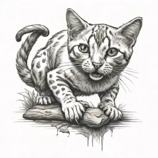 black and white super cute cat hunting a mouse sitting tattoo design idea