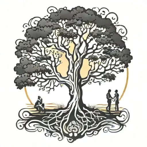 tree sunrise people all in black horizontal   tattoo design idea