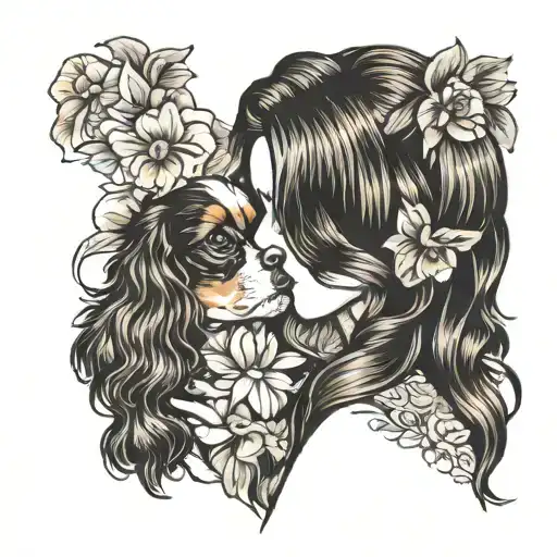 woman kissing cavalier king charles spaniel tattoo design idea