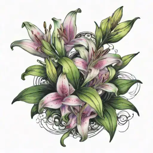 realistic human school with pastel pink and green lilies, growing out of it tattoo design idea