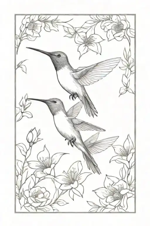 humming bird with May, April, October and December birth flowers tattoo design idea