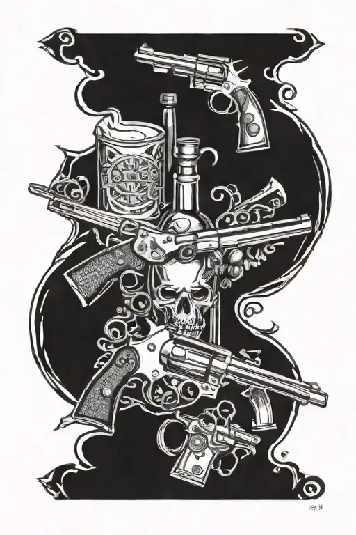 whiskey, weapons and wranglers  tattoo design idea