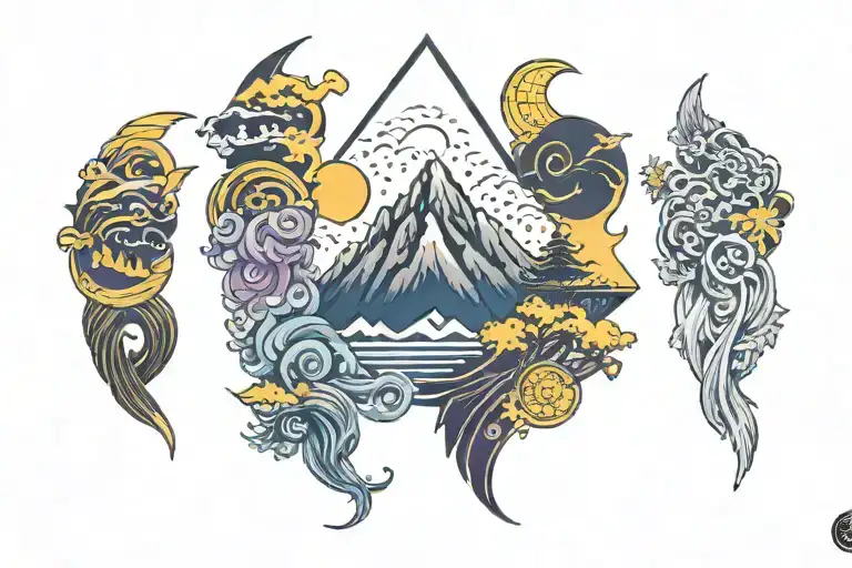 arm band tattoo with elements : blue wind, yellow forest, fire, mountain, purple moon, thunder strike from left to right tattoo design idea