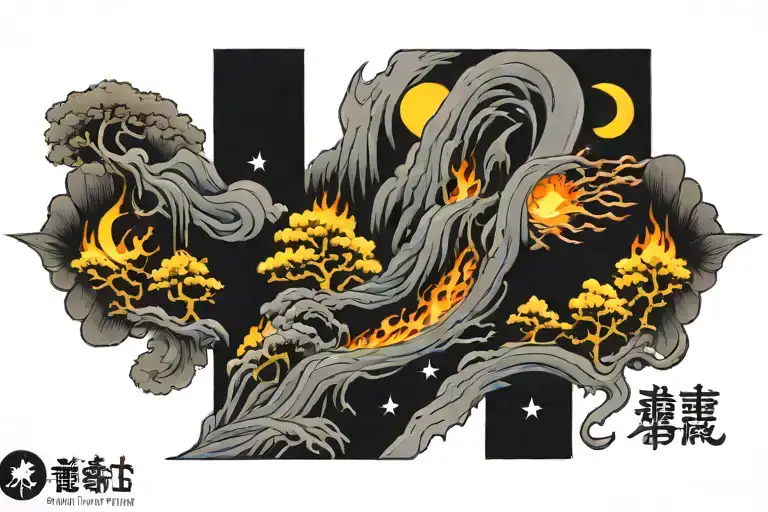 japanese arm band tattoo with elements : blue wind, yellow forest, fire, mountain, purple moon, yellow thunder strike tattoo design idea