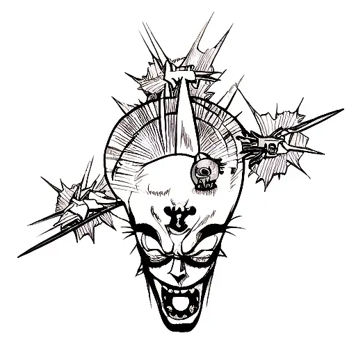 a tattoo with Jesus, Beelzebub, joker, Gatsu and the legendary pokemon tattoo design idea