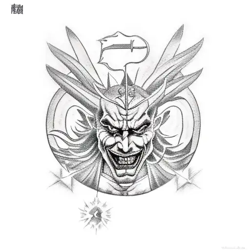 a tattoo with Jesus, Beelzebub, joker, Gatsu and the legendary pokemon tattoo design idea