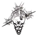 a tattoo with Jesus, Beelzebub, joker, Gatsu and the legendary pokemon tattoo design idea