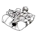 a tattoo with Jesus, Beelzebub, joker, Gatsu and the legendary pokemon tattoo design idea