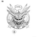 a tattoo with Jesus, Beelzebub, joker, Gatsu and the legendary pokemon tattoo design idea