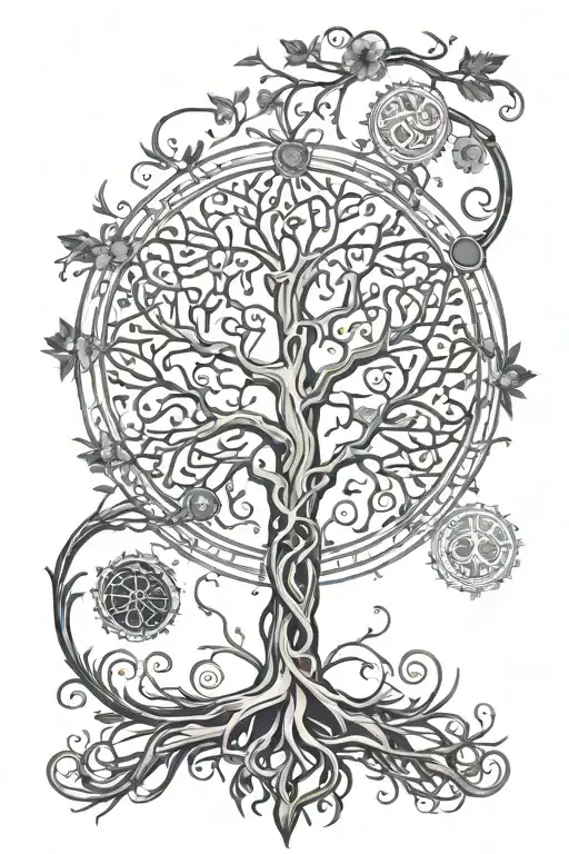 An intricate tree of life design incorporating elements of neuroscience and nursing symbols, representing the interconnectedness of life and health tattoo design idea