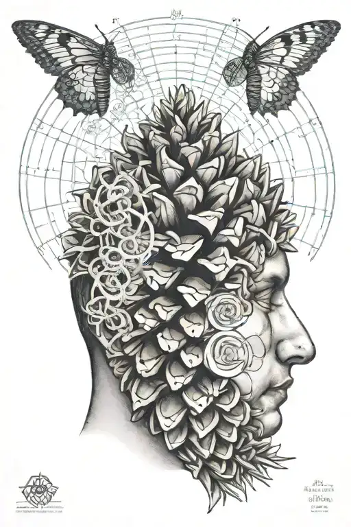 pine cone/ pineal gland over a brain with the fibonacci sequence and a pattern background resembling 963Hz frequency  tattoo design idea